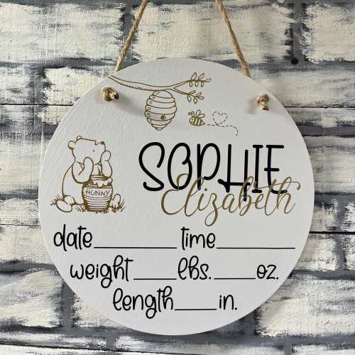 Classic Winnie the Pooh & Beehive/Baby Door Hanger/Personalized/Hospital and Nursery Decor/Baby Shower/Birth Stats/It's a Girl/It's a Boy