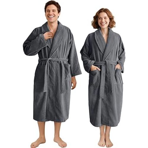 VOOVA & MOVAS Towel Robe for Men Women,Premium 100% Cotton Terry Shawl Collar Super Absorbent Unisex Bathrobe, Ideal Bathroom Robe,Gray