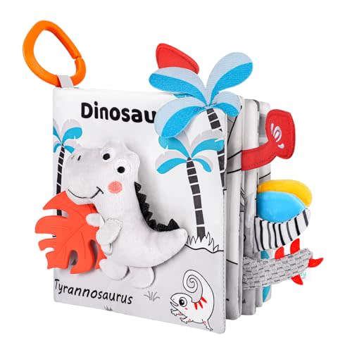 Odeepstar Dinosaur Fabric Book- Crinkle Sound, Touch & Feel, Press Squeaker with Soft Tail Plus Teether Feature - Baby Books Toys for Newborn Infants 0-12 Month