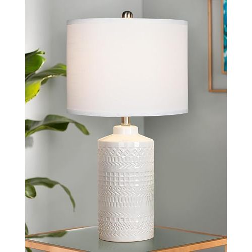 24.5" White Ceramic Table Lamp 3-Way Dimmable Nightstand with White Linen Shade Bedside Lamp for Bedrooms & Living Room Office Reading(Bulb Included)
