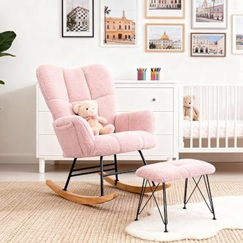 KEEZY Nursery Rocking Chair with Footrest Upholstered Glider Rocker Rocking Accent Chair Padded Seat with High Backrest Armchair Comfy Side Chair for Living Room Bedroom (Pink)