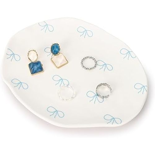 Koythin Ceramic Jewelry Tray, Cute Blue Bow Jewelry Dish for Women, Aesthetic Room Decor Trinket Dish for Birthdays Christmas Mother's Day (Blue Bow)