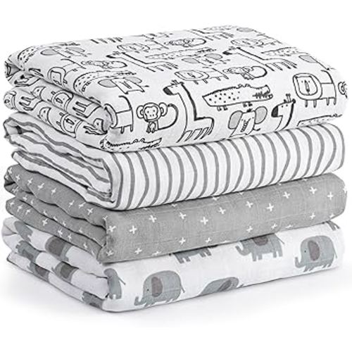 Muslin Swaddle Blankets for Newborn, 4 Pack Cotton Baby Blankets, Large 31.5 x 43.3 inch Breathable Soft Receiving Blanket, Essentials Swaddle Wrap Burping Clothes, Grey Animals