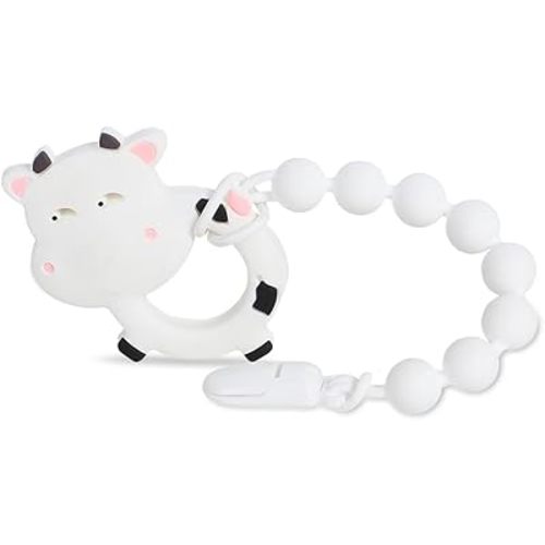 Baby Food Grade Silicone White Cow Teething Toys with Pacifier Clip