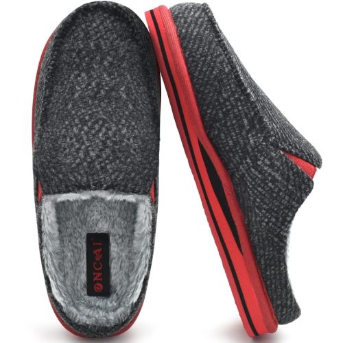 ONCAI Mens Slippers with Arch Support Stripe Faux Fur Cotton-Blend High-Density Memory Foam Warm House Slippers for man Slip-on Indoor Outdoor Rubber Sole Size 7-16