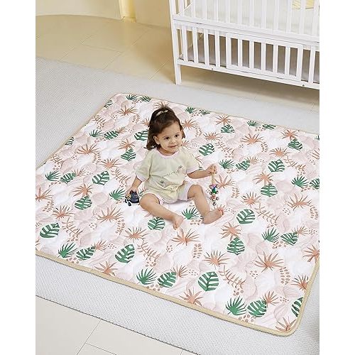Viviland Baby Mats for Floor, 50x50 Inch Playpen Mat, Thick Cushioning Padding Playmat for Baby and Toddlers Infants, Non-Slip & Machine Washable, Green Leave