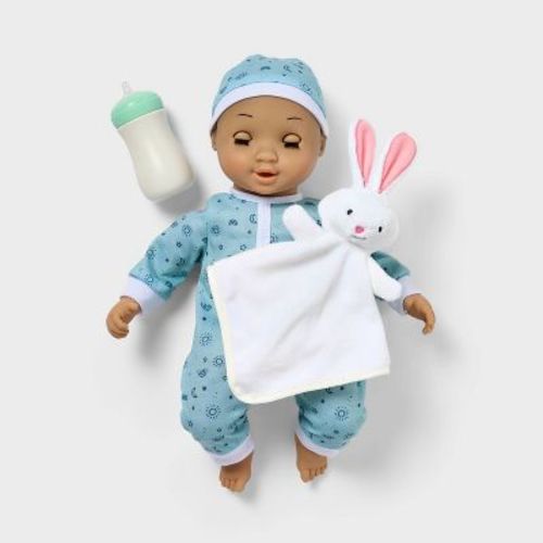 14" Snooze and Snuggle Baby Doll - Black Hair + Brown Eyes - Gigglescape™: Includes Plush, Hat, Bottle & More