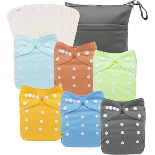 babygoal AWJ Cloth Diapers with Tummy Panel Pack of 13, 6 Diaper Cover with 6 Inserts and Wet Dry Bag, Adjustable Washable Reusable for Baby Girls and Boys