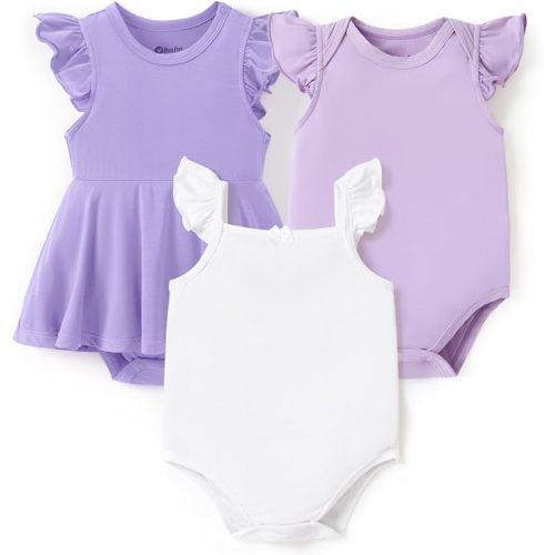 PATPAT Baby Girl Bodysuits - Soft Bamboo Viscose - Flutter Sleeves Cute Dress - Newborn Infant Summer Clothes - 3 Pack