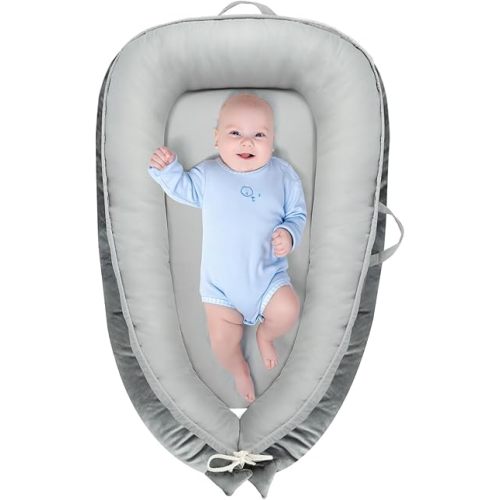Baby Lounger - Baby Lounger for Newborn 0-24 Months, Breathable & Soft Cotton and Velvet Cover Co Sleeping Baby Nest, Baby Essentials & Shower Gifts, Portable Infant Lounger for Home and Travel