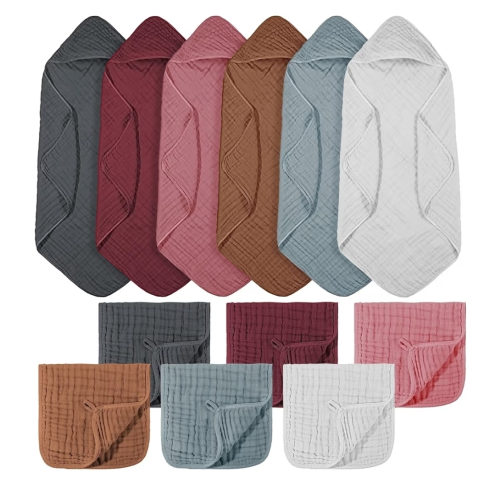 VitalCozy 12 Pcs Baby Muslin Hooded Bath Towels and Washcloths Muslin Cotton Hooded Baby Towels Absorbent Blankets for Gift Newborn Infant Shower (32 x 32 Inch,Multicolor)