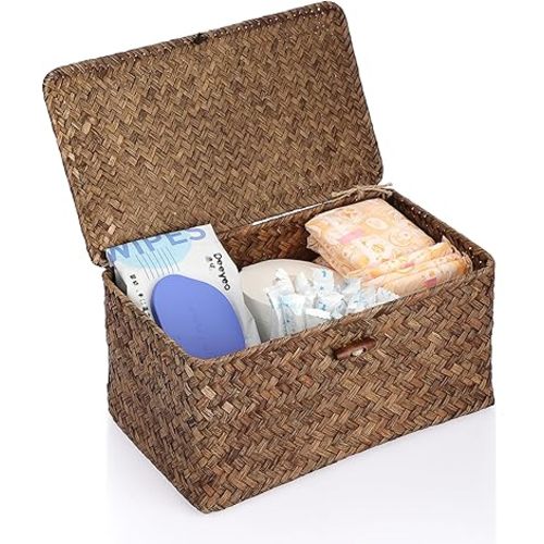 Sumnacon Wicker Basket with Lid Rectangle Woven Baskets for Toiletries Tampon Storage,Wicker Storage Basket with Lid,Decorative Seagrass Storage Baskets for Shelf Bathroom Toilet Table, Coffee