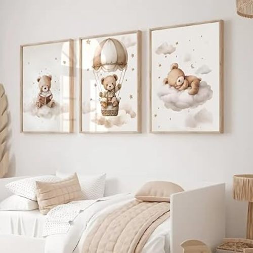 3 Baby Boy Wall Art Teddy Bear Wall Decor Neutral Nursery Boho Posters Picture Prints Clouds Stars Hot Air Balloon Bear Nursery Canvas Painting Beige Wall Art Boy Bedroom Children Kids Room 12x16 Inch Unframed
