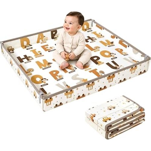 Foldable Baby Play Mat, 65" X 50" Waterproof Double-Sided Cushioned Activity Play Mat, Soft Lightweight Foam Playmat with Fold-Up Sides, Non Slip Crawling & Playing for Infants and Toddler, Alphabet