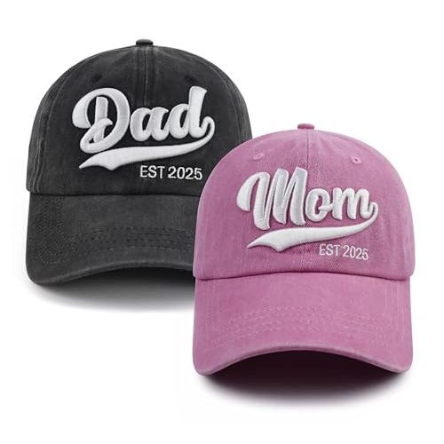 Gomthrpc 2PCS Mom and Dad EST 2025 Hat, 3D Embroidered Adjustable Cotton New Parents Gifts Baseball Cap