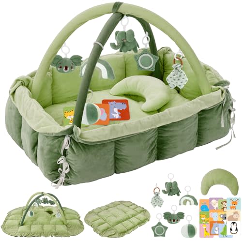 5-in-1 Plush Baby Play Gym & Activity Mat, Baby Play Mats, Baby Gym with Convertible Design, Tummy Time Mat with Pillow, 6 Sensory Toys for Newborn to Toddler, Green