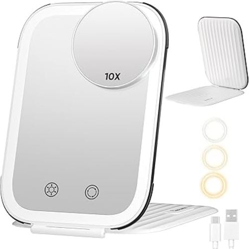 FUNTOUCH Rechargeable Travel Makeup Mirror with Lights and Small 10X Magnification,Light up Portable Vanity Mirror with 80 Leds,2000mAh Battery,Brightness Adjustable,3 Lighting, Dimming Compact Mirror