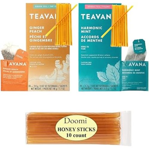 Doomi Peach Tranquility Tea and Jade Citrus Mint - Medicine Ball Cold Buster - 24 Sachets Each (48 Total) Plus Doomi Pure Honey Clover Sticks (10)