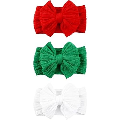 3 Pcs Christmas Baby Bows Headbands Soft Nylon Hairbands Super Elastic Headband Hair Accessories For Baby Girls Infant Toddler Essentials (Red Green White, Mid)