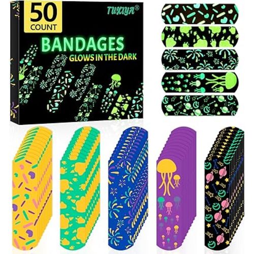 50 Count Kids Bandaids, Glow in The Dark & Waterproof Bandages, One Size Cute Bandaids for Kids and Adults, 5 Styles Adhesive Bandages for Minor Cuts, Scrapes, Wounds and First Aid