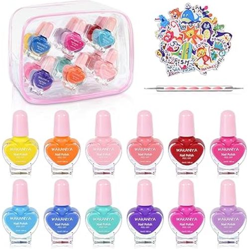 wakaniya Kids Nail Polish 12 Colors Girls Nail Kit with Glitter Stickers and PVC Organizer Bag Non Toxic, Quick Dry Peel Off Safe Nail Polish