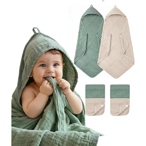 6 PCS Baby Towels and Washcloths Set, 2 PCS XL 35x35 Inch Baby Hooded Towels & 4 PCS Washcloths Set, Ultra Soft & Highly Absorbent Bath Bath Towel for Newborn, Infant & Toddler, Shower Gifts