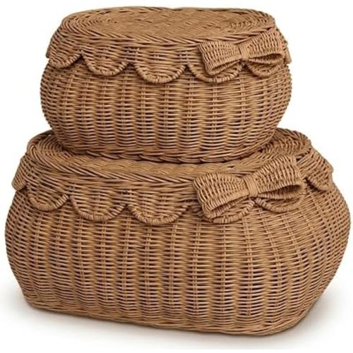 BEBE BASK Original Scalloped Bow Basket with Lid - Set of 2 (15x11x6 In)