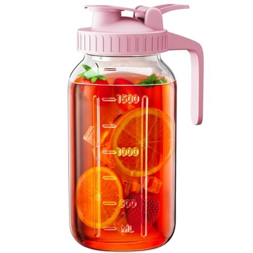 64 oz Glass Pitcher with Lid, Large Wide Mouth Mason Jar with Pour Spout, Pink Sun Tea Jar for Outside, Glass Water Pitcher Great for Drink, Cold Beverages and Breast Milk