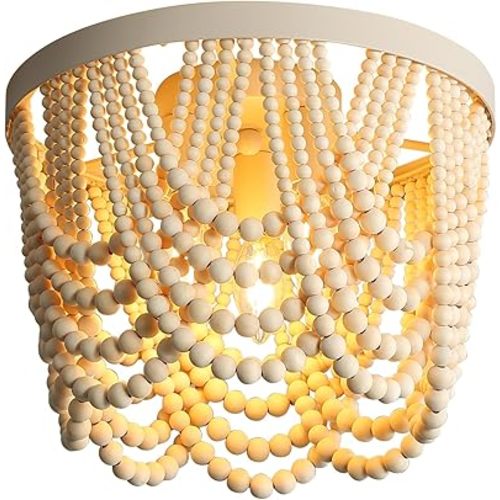 Bohemian Wood Beaded lamp 3-Light recessed Mounted Ceiling lamp Primary Color Antique Rustic mini Chandelier for Dining Room, Bedroom, Girl Room,Nursery, Hallway, Entrance, Passageway