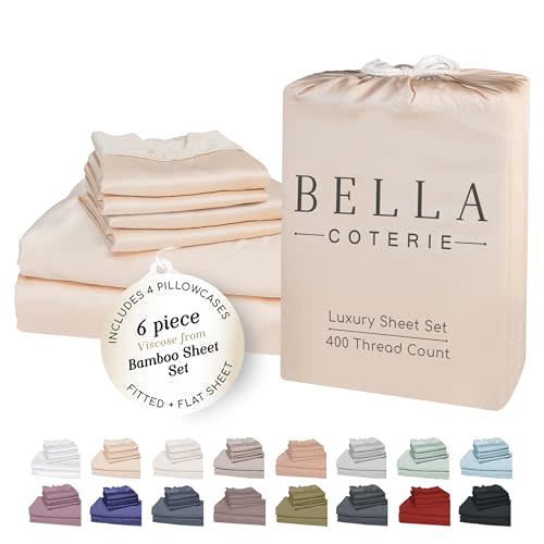 Bella Coterie 6 Piece Luxury Bamboo Viscose King Sheet Set | Organically Grown | Cooling | Ultra Soft & Breathable | 18" Deep Pocket w/ Corner Straps | 4 Pillowcases [Champagne]