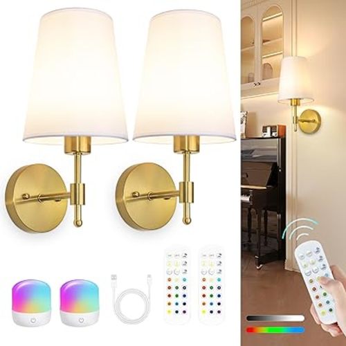 Battery Operated Wall Sconces Set of 2, Rechargeable Gold Wall Sconce with Remote Control, 12 Colors RGB Magnetic Bulb, Wireless Battery Wall Lamp for Bedroom Living Room Hallway