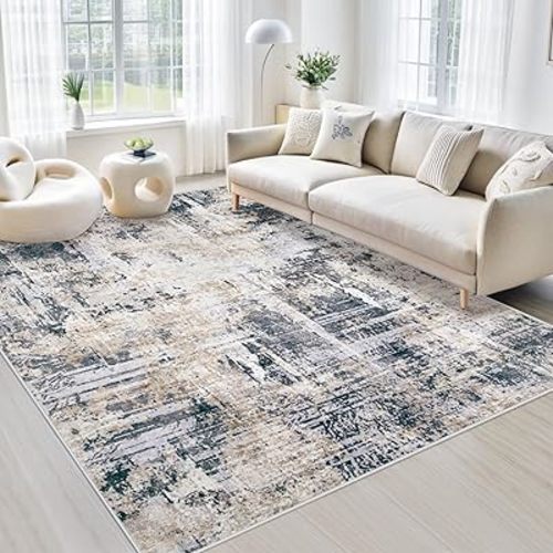 Area Rugs 5x7 Living Room: Washable Rug Modern Abstract Rugs Soft Non Slip Neutral Rug Stain Resistant Indoor Carpet for Bedroom Kitchen Dining Room Nursery Home Office Rugs(Black Brown,5'x7')