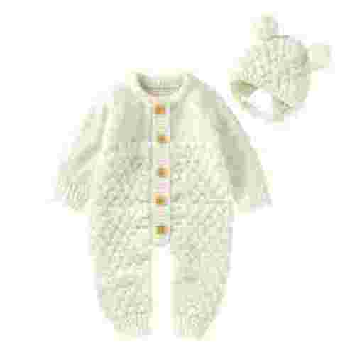 WOYY Newborn Girls Sweater Jumpsuit Solid Color Long Sleeved Knitted Romper With Hat