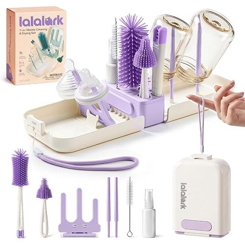7-in-1 Travel Baby Bottle Cleaning Kit, BPA-Free Bottle Brush Set with Food-Grade Silicone Dual-Headed Brush, Nipple Brush, Soap Dispenser, Drying Rack and Storage Case, Purple