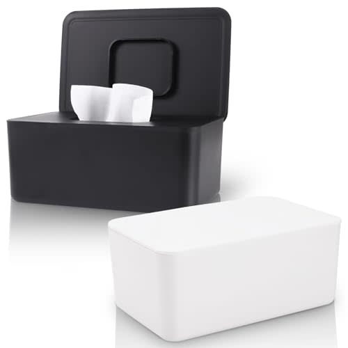 2 Pack LEQXGO Baby Wipes Dispenser, Wipes Dispenser Baby Wipes Case, Baby Wipe Holder for Fresh Wipes, Non-Slip Wipes Case, Wipe Container with Sealing Design Lid (Black and White)