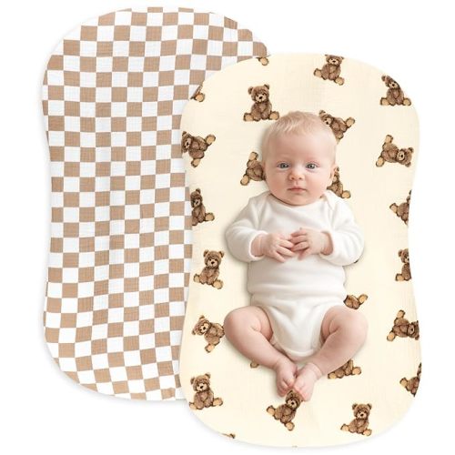 Hooyax Muslin Baby Lounger Cover 2 Pack - 100% Breathable Cotton Soft Infant Lounger Covers, Fits Most Standard Newborn Loungers & Pillows (Coffee Checker+Bear)