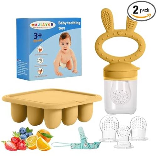 Baby Breastmilk Popsicle Molds & Baby Fruit Feeder (2 Pack), Baby Food Freezer Tray Storage Containers, Silicone Teething Pacifier Feeder and Teether for Babies,Baby Feeder - Yellow