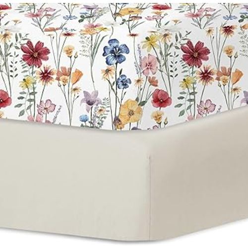 Pack N Play Sheets, 2 Pack Mini Crib Sheets Fits Standard Size 38" X 26" Playard Mattress, Soft and Breathable, Playard Fitted Sheet (Spring Flower)