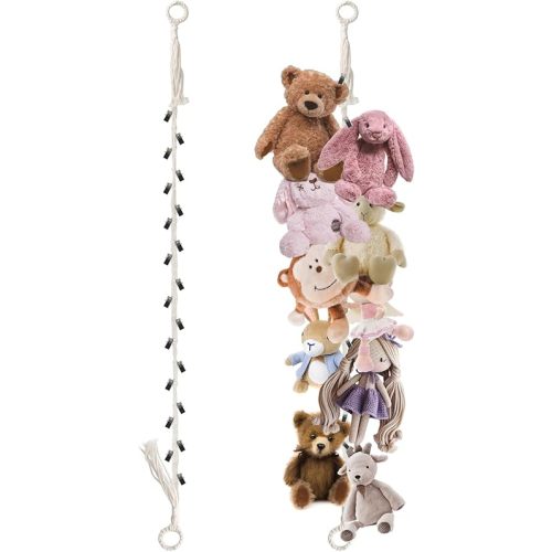 Munzong 80" Beige Hanging Stuffed Animal Storage Chain, Cotton Stuffed Animal Display Holder Plush Qrganizer with 20 Metal Clips for Nursery Room Corner Wall Decor Play Room