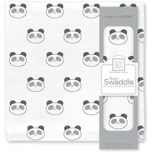 SwaddleDesigns Cotton Muslin Swaddle Blanket, Receiving Blanket for Boys & Girls, Best Shower Gift, 46x46 inches, Black Panda