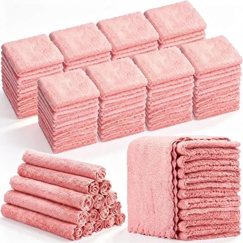 Handepo 100 Pack Baby Washcloths Bulk 10 x 10 Inch Microfiber Coral Fleece Baby Face Towels Absorbent and Soft Wash Cloths for Newborns Infants and Toddlers(Pink)