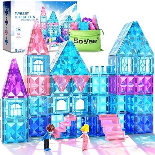 Magnetic Tiles 102pcs with 2 Stairs 2 Dolls Princess Castle Building Girls Toys Age 4-5 6-8 Magnetic Blocks Birthday Xmas Gifts for Girls Toys for 3 4 5 6 7 8+ Year Old