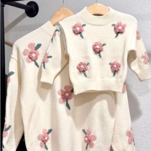 Emily Floral matching Knit Sweaters - Cream - Bailey's Blossoms