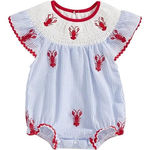 Sasaerucure Newborn Infant Baby Girl Smocked Bubble Summer Sleeveless Onesie Striped Crawfish Embroidered Romper