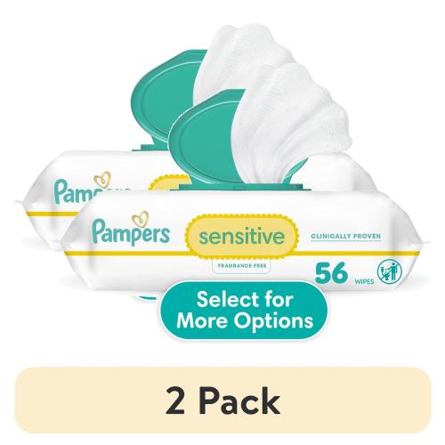 (2 pack) Toallitas para Bebé Pampers Sensitive, Clínicamente Comprobadas, sin Fragancia, sin Fragancia, a Base de Agua, Toallitas Hipoalergénicas para Bebé, Toallitas Multiuso para Bebé, Toallitas para Manos 56 Toallitas para Bebé en Total (1X Packs con T