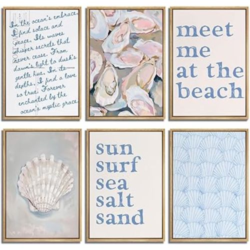 6Pcs Blue Beach Preppy Wall Art Coastal Granddaughter Painting Picture Wall Decor Seashell Meet Me At The Beach Aesthetic Poster Print Artwork for Girly Room Dorm Apartment Home Decoration