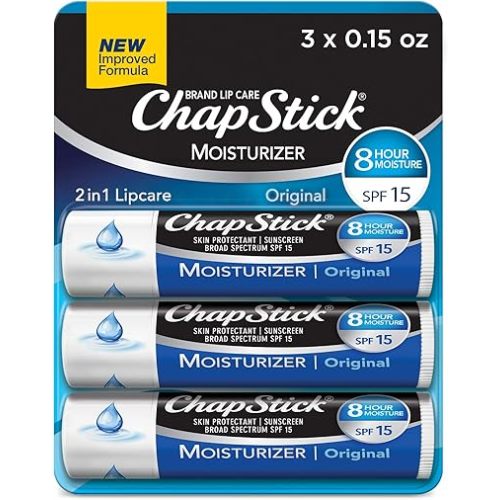 ChapStick Moisturizer Original Lip Balm Tubes, SPF 15 and Skin Protectant - 0.15 Oz (Pack of 3)