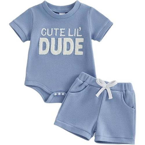 Adobabirl Newborn Baby Boy Summer Clothes Cute Lil' Dude Embroidery Short Sleeve Romper Shorts Set Infant Waffle Outfits