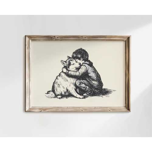 Boy and a Husky Vintage Print, Antique Nursery Vintage Painting, PRINTED AND SHIPPED