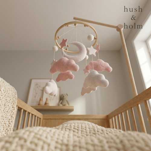 Celestial Nursery Mobile, Moon Crib Mobile, Pink Baby Mobile, Cloud Nursery Decor, Scandinavian Felt Baby Mobile